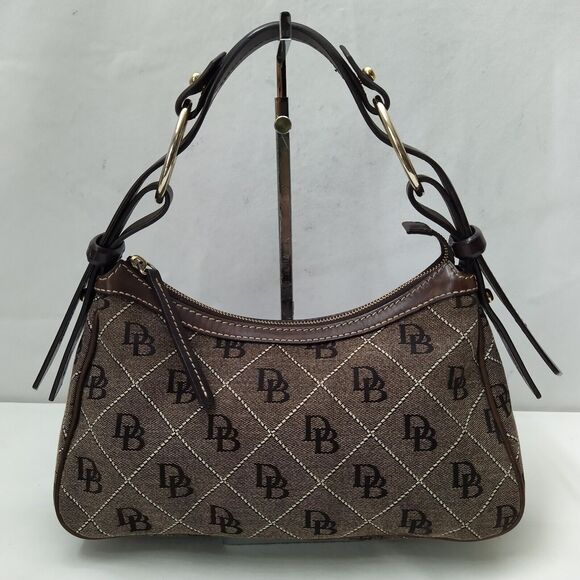 Dooney & Bourke Brown Canvas Leather Trim DB Printed Zipper Hobo Shoulder Bag - Picture 1 of 16